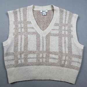 William Rast Sweater Vest Womens L Cream Plaid V-Neck Sleeveless Knit Preppy